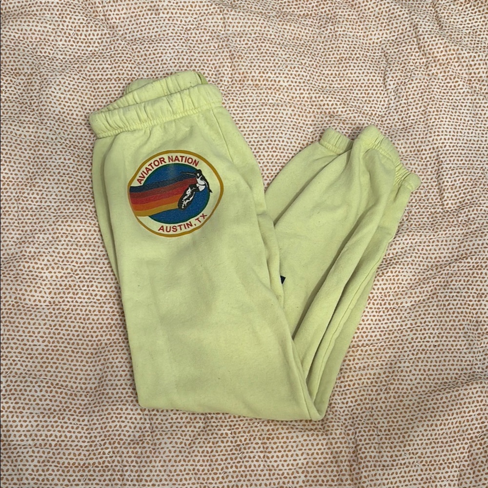 Aviator Nation Neon Yellow Sweatpants with Colorful Patch